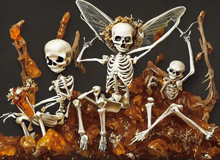 Image similar to skeleton fairy and tooth fairy and bone fairy collect the skulls together painting carved in amber by chiara bautista and norman rockwell and greg rutkowski weta studio