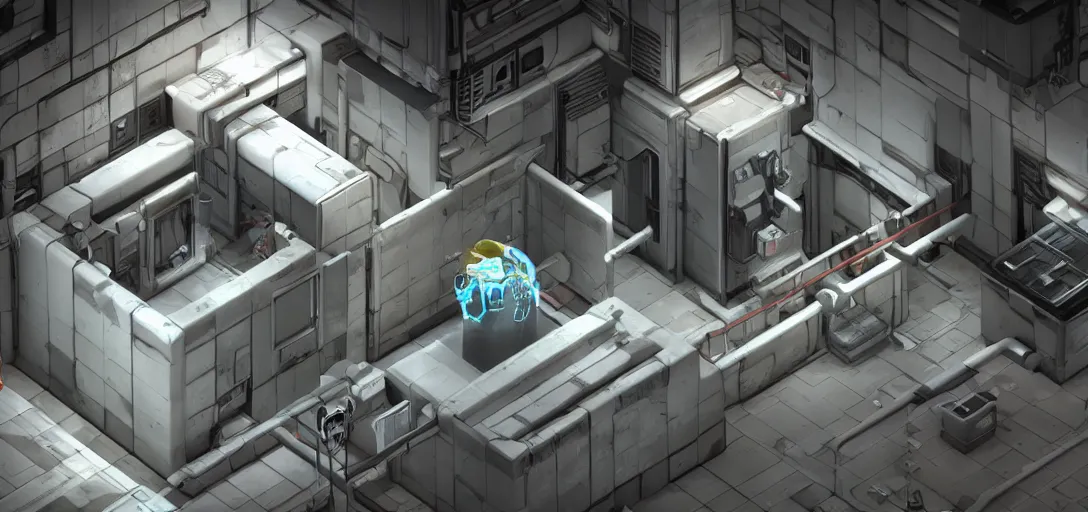 Image similar to Isometric 3d high octane render of a test chamber from Portal 2 Game