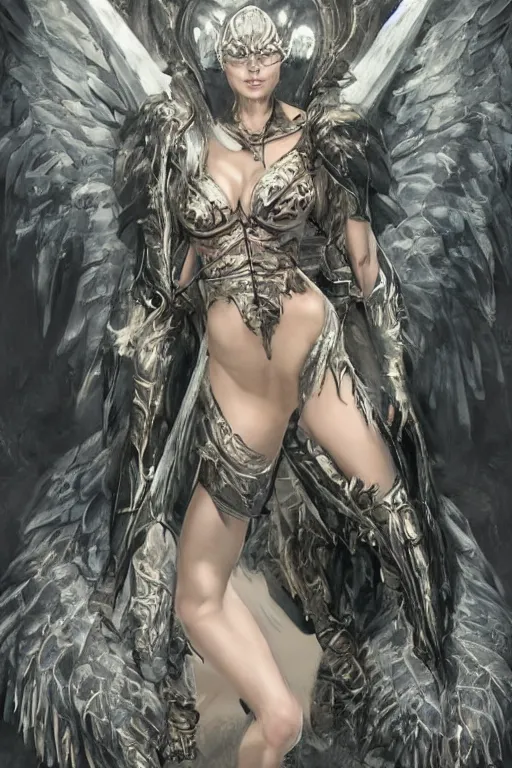 Image similar to 8K render! beautiful Adriana Lima in Skyrim MOD Angel Armor, wings wide opened , whole body heavily covered in elfish tattoos , intricate, elegant, highly detailed, digital painting, artstation, wallpaper!, concept art, smooth, sharp focus, high fantasy illustration, art by artgerm and Vasylina, and Peter Andrew Jones