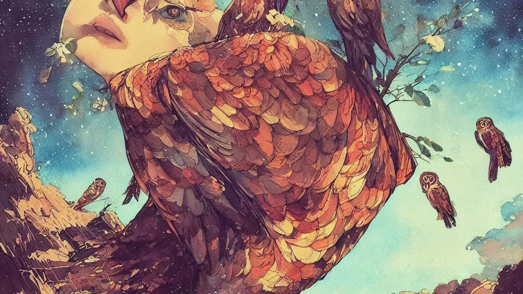 Prompt: ilya kuvshinov, rutkowski, victo ngai, james jean, john william waterhouse, artgerm, watercolor illustration of owls flying at night, colorful, mural, deep shadows, astrophotography, highly detailed