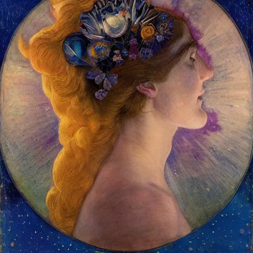 Image similar to queen of the moon with stars in her hair, by annie swynnerton and tino rodriguez and nicholas roerich and lucien freud and jean delville and tom bagshaw, dramatic lighting, floral tattoos, rich colors, smooth sharp focus, extremely detailed, adolf wolfli