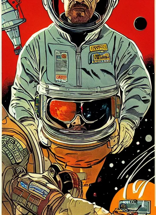 Prompt: Walter White as badass cosmonaut in retro science fiction cover by Moebius, vintage 1960 print, inked, detailed, trending on artstation, extremely detailed face