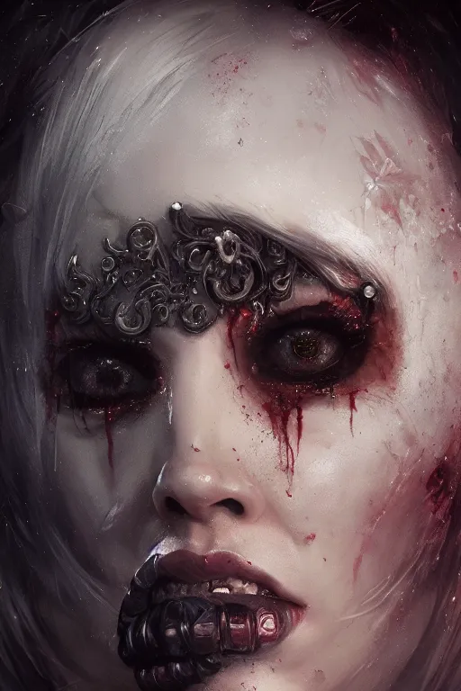 Image similar to a cute portrait of lady death eye by Greg Rutkowski, Sung Choi, Mitchell Mohrhauser, Maciej Kuciara, Johnson Ting, Maxim Verehin, Peter Konig, Bloodborne, macro lens, 35mm, 8k photorealistic, cinematic lighting, HD, high details, atmospheric,