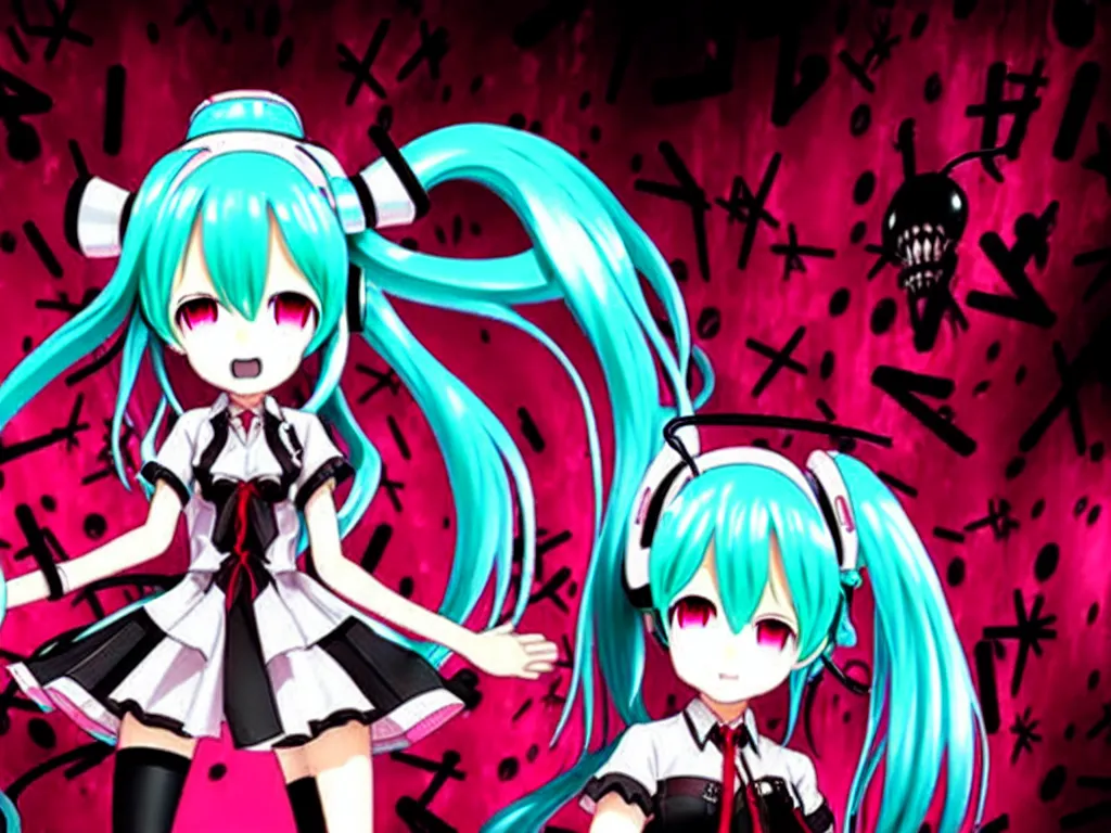 Image similar to hatsune miku in a dark red dungeon surrounded by monsters, chains and devilish creatures sardonic dark atmosphere detailed scary horror