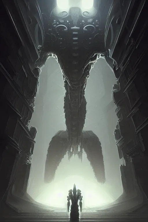 Image similar to professional concept art of a symmetrical! ominous floating mechanical steel terrifying giant monster thing in a dark room by artgerm and greg rutkowski. an intricate, space, elegant, highly detailed digital painting, concept art, smooth, sharp centred focus, illustration, cubism, in the style of cam sykes, wayne barlowe, igor kieryluk.