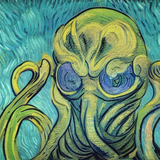 Image similar to cat by van gogh, denoised, fighting Cthulhu, sci fi, cyberpunk 8k