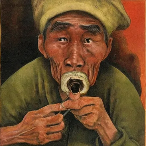 Prompt: a sad old chinese man with his pipe in his mouth, high quality, high resolution,detailed, oil painting by otto dix (1921)