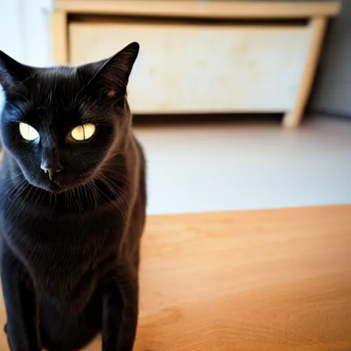 Prompt: angry black cat wide angle on a wooden table