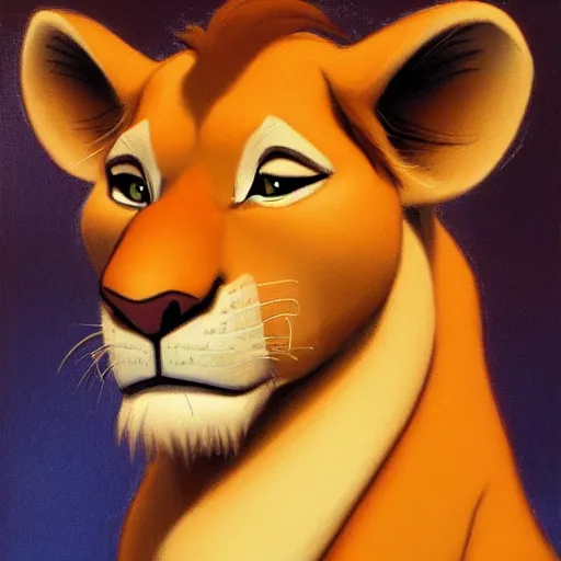 Prompt: a portrait of simba!!! from the lion king, disney!!!, by greg hildebrandt and gregory manchess, sharp focus, very beautiful, detailed, 8 k, masterwork