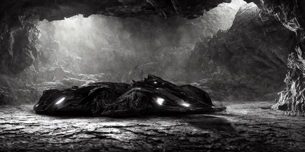 Image similar to the batmobile standing in a very dark and wet cave. highly detailed. intricate. mist. atmospheric. rim light. photorealistic. 8 k. monochrome. rays of light filling the cave. cinematic. matte painting. cinema 4 d. octane render. imagined by ash thorp. ambient occlusion. global illumination.