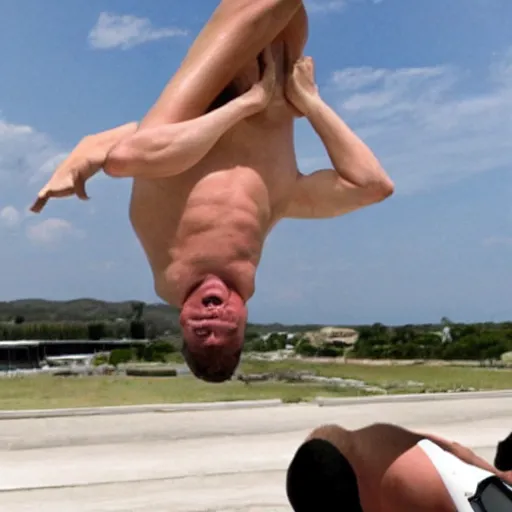 Prompt: elon musk doing a backflip in a speedo