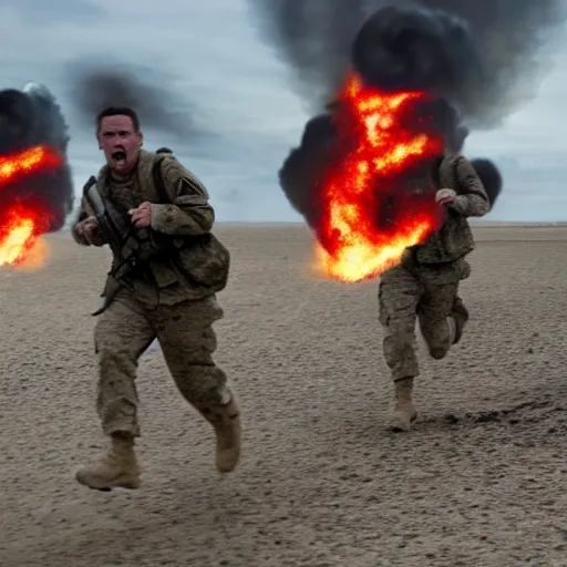 Prompt: american soldiers running at the camera during normandy beach landing with fiery explosions and debris all around them in the style of the movie lone survivor and saving private ryan, gritty, 4 k, cinematic lighting,