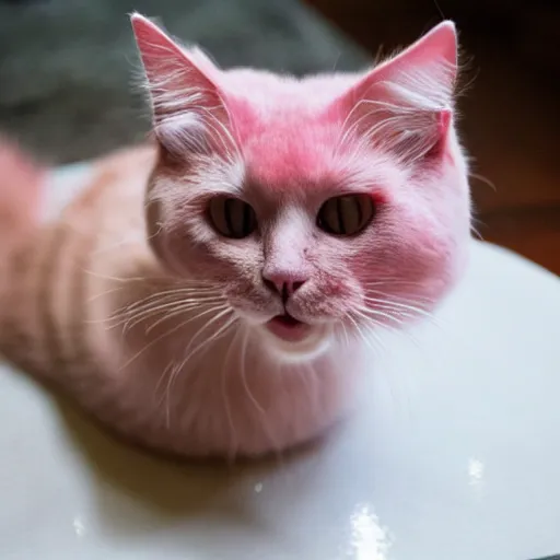 Image similar to photo of a pink cat with pink fur, eating a hamburger, biting a hamburger-C 12