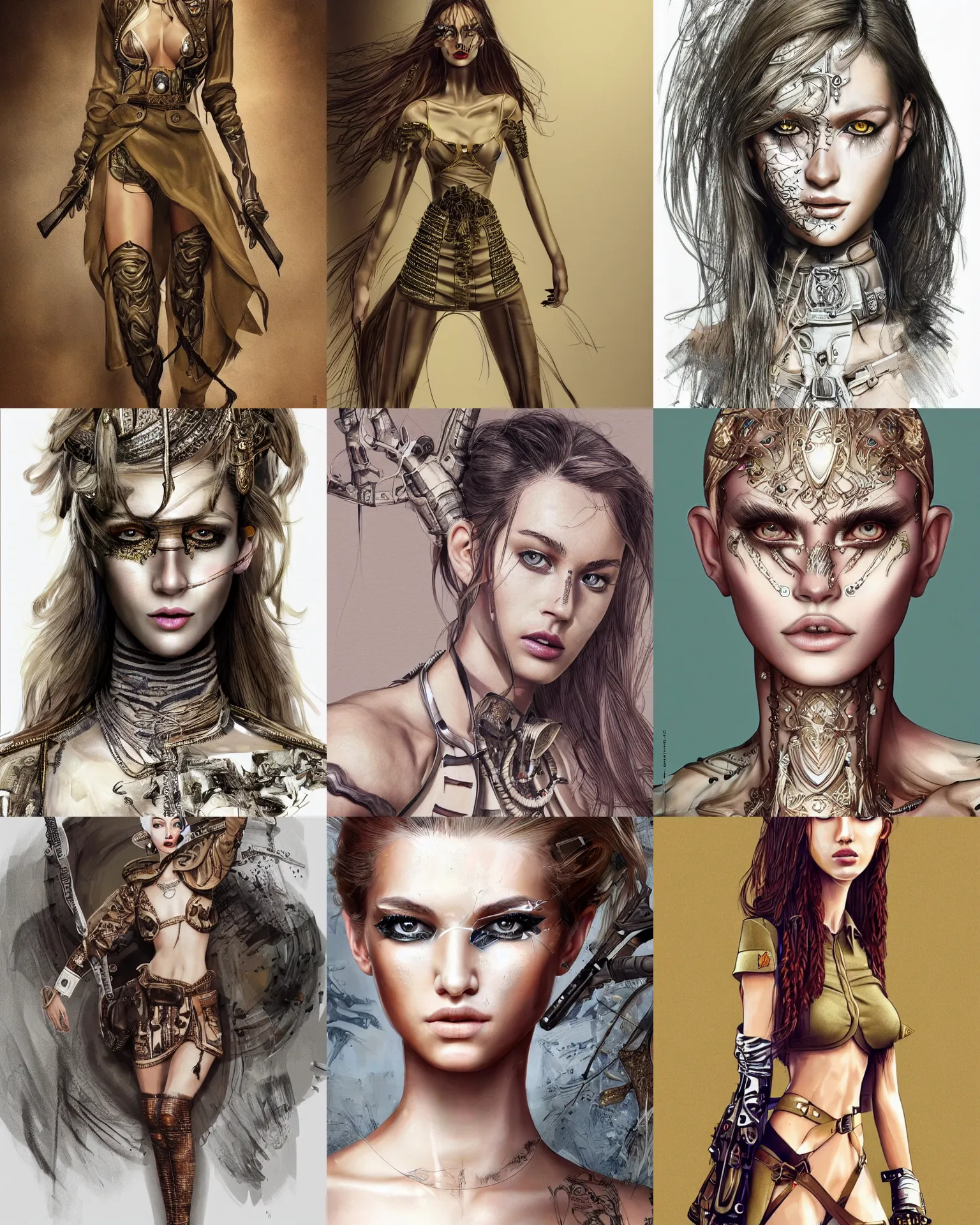 Prompt: fashion design illustration of a slender young woman wearing a khaki outfit, bright eye makeup, warrior body, photo by mario testino, cinematic, hyper detailed, micro details, insanely detailed, trending on artstation, concept art, insanely detailed and intricate