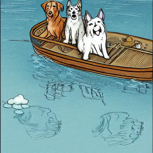 Image similar to a masterpiece detailed illustration of a cute dog on a boat. the scene is detailed and beautiful. the illustration combines the style of michael foreman and jane clarke. 3 / 4 view.