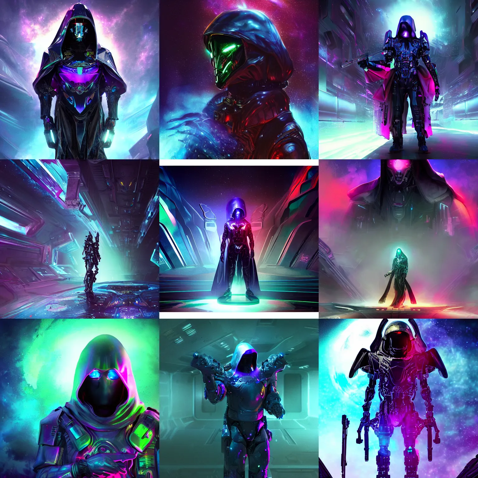 Prompt: Epic dark gritty space scene featuring the iridescent cloaked hooded warrior partially cybernetic entity god of future technology wielding cosmic weaponry, colorful, vibrant, smooth, moody, ominous and intense, detailed, concept art, render, unreal engine, 4K, artstation