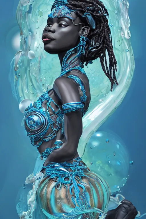 Prompt: epic 3 d yemaya, caring african goddess, liquid hands and feet spinning, 2 0 mm, with cerulean and white foam melting smoothly into asymmetrical bubbles and seashells, liquid, delicate, intricate, houdini sidefx, trending on artstation, by jeremy mann and ilya kuvshinov, jamie hewlett and ayami kojima