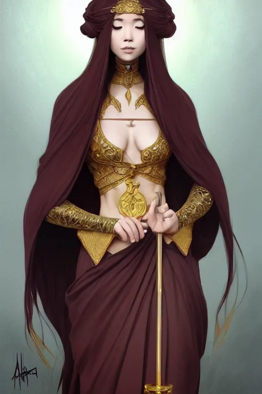 Prompt: a full body portrait of a gorgeous female monk, D&D, choker on neck, stylish dress, very long flowing hair, intricate, elegant, stylish, cute slightly nerdy smile, mouth slightly open, fantasy, highly detailed, digital painting, artstation, concept art, smooth, sharp focus, illustration, art by artgerm and greg rutkowski and alphonse mucha