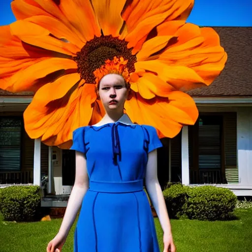 Image similar to giant flower head, full body, girl standing in front of house, surreal photography, symmetry, mid century, flat light, bright colours, blue sky, realistic, wes anderson