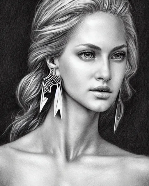 Image similar to pencil drawing of a beautiful greek goddess aphrodite with arrowhead earrings, beautiful piercing eyes, beautiful blonde hair, hyper realistic face, in the style of greg rutkowski, fantasy, amazing detail, epic, elegant, smooth, sharp focus, from the front