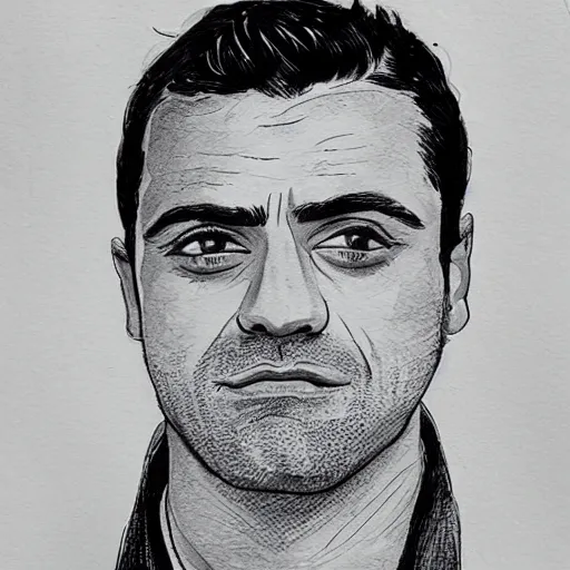 Image similar to ink and brush drawing of a portrait that is a cross between oscar isaac and ben mendelsohn