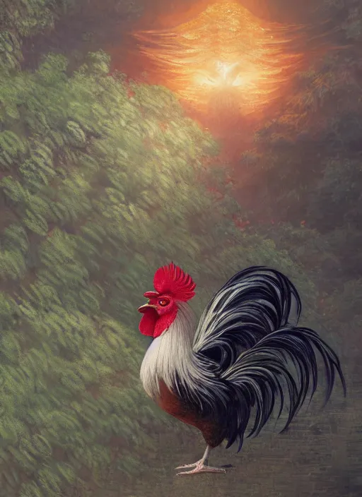 Image similar to a gorgeous paradise rooster japanese art is looking at a bird, ethereal, horror, fantasy art by greg rutkowski and magali villeneuve and claude monet