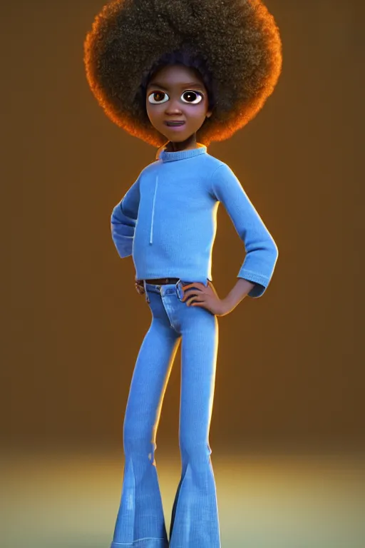 Prompt: a centered render of a super cool afro girl from the seventies wearing flares, by dreamworks, by pixar, by viktoria gavrilenko, by leticia gillett, octane render, 3 d, 8 k