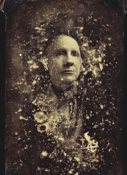 Image similar to old wetplate daguerreotype portrait, explosion of data fragments, fractal, intricate, elegant, highly detailed, parallax, leica, medium format, subsurface scattering, by damian hirst