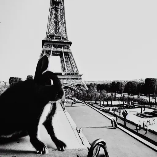 Image similar to a rabbit selfie in front of the eiffel tower, black and white vintage photograph