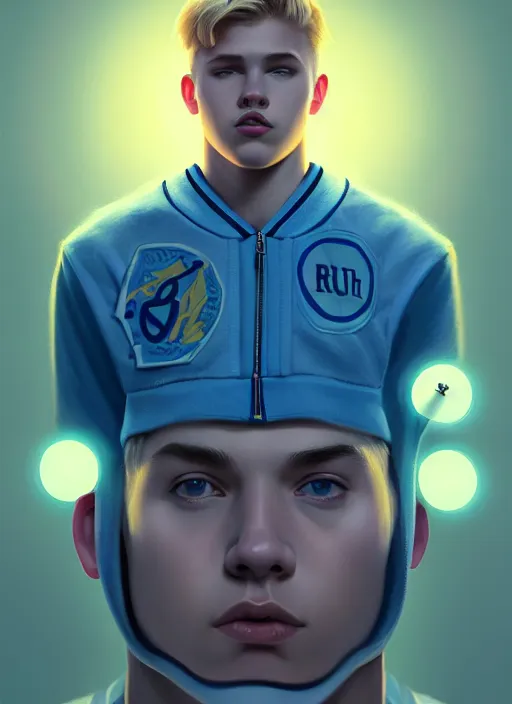 Image similar to portrait of high school senior boy named big moose, blonde short hair, jock, beefy, wide face, square jaw, square facial structure, blue varsity jacket with letter r, intricate, elegant, glowing lights, highly detailed, digital painting, artstation, concept art, sharp focus, illustration, art by wlop, mars ravelo and greg rutkowski