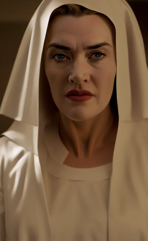 Image similar to kate winslet as a nun, intricate, cinematic lighting, highly detailed, canon 3 5 mm photography, horizontal symmetry, smooth, sharp focus