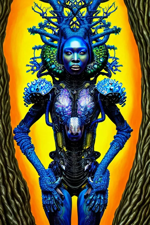 Image similar to hyperrealistic maximalist super expressive! black woman with exoskeleton armor, merging with tree in a forest, highly detailed digital art masterpiece smooth cam de leon hannah yata dramatic pearlescent blue yellow light ground angle hd 8k sharp focus