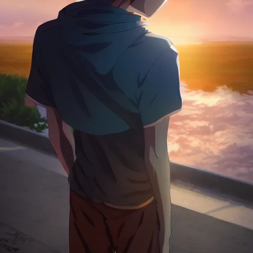 Image similar to anime boy watching sunset, hyperrealistic, hyperdetalied, high quality, 8 k, high rendering, photorealistic, cinematic, cgsociety, artstation,