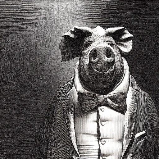 Prompt: detailed portrait of a creepy pig in a tuxedo, dramatic light, Chiaroscuro, dark, illustration by Paul Gustave Doré