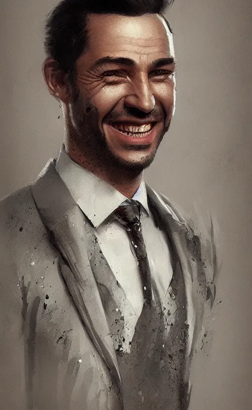 Prompt: Portrait of a smiling man wearing a suit, male, cheerful, jolly, detailed face, victorian, highly detailed, cinematic lighting, digital art painting by greg rutkowski