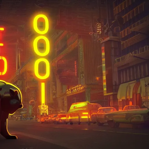 Image similar to photo of a futuristic steampunk bear in a city with neon signs raytraced textured dramatic