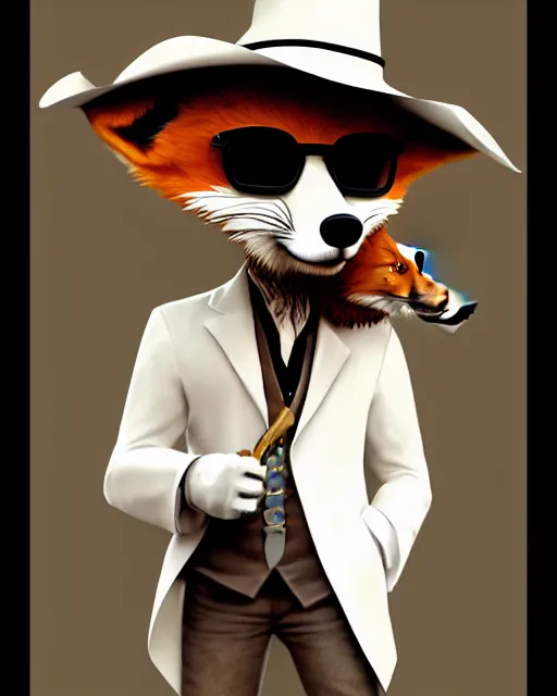 Prompt: close up anthropomorphic art of a fox wearing a white suit, white cowboy hat, and sunglasses, smoking a cigar, texas inspired clothing, artstation. highly detailed digital painting, smooth, global illumination, fantasy art by greg rutkowsky, karl spitzweg