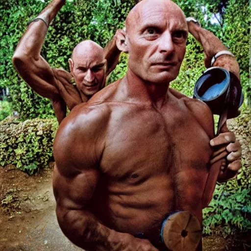 Image similar to a muscular bald man carrying two turbines on his back, portrait photograph, nikon 3 5 mm, photograph by annie leibovitz and steve mccurry