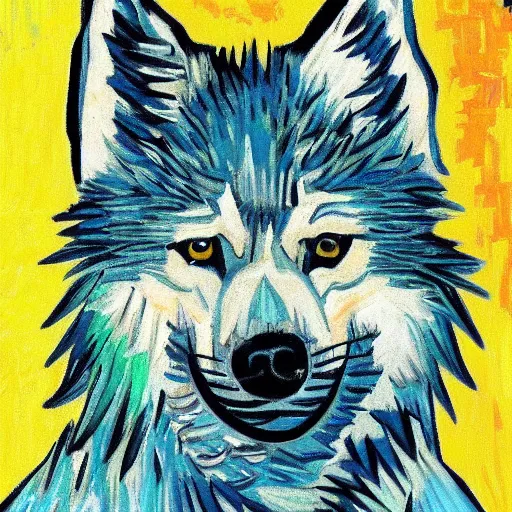 Image similar to retarded wolf portrait, van gogh style, complimentary colors