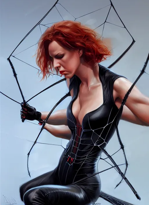 Image similar to painting of a black widow weaves a web, highly detailed, digital painting, artstation, concept art, smooth, sharp focus, illustration, art by gabriele dell otto, 8 k