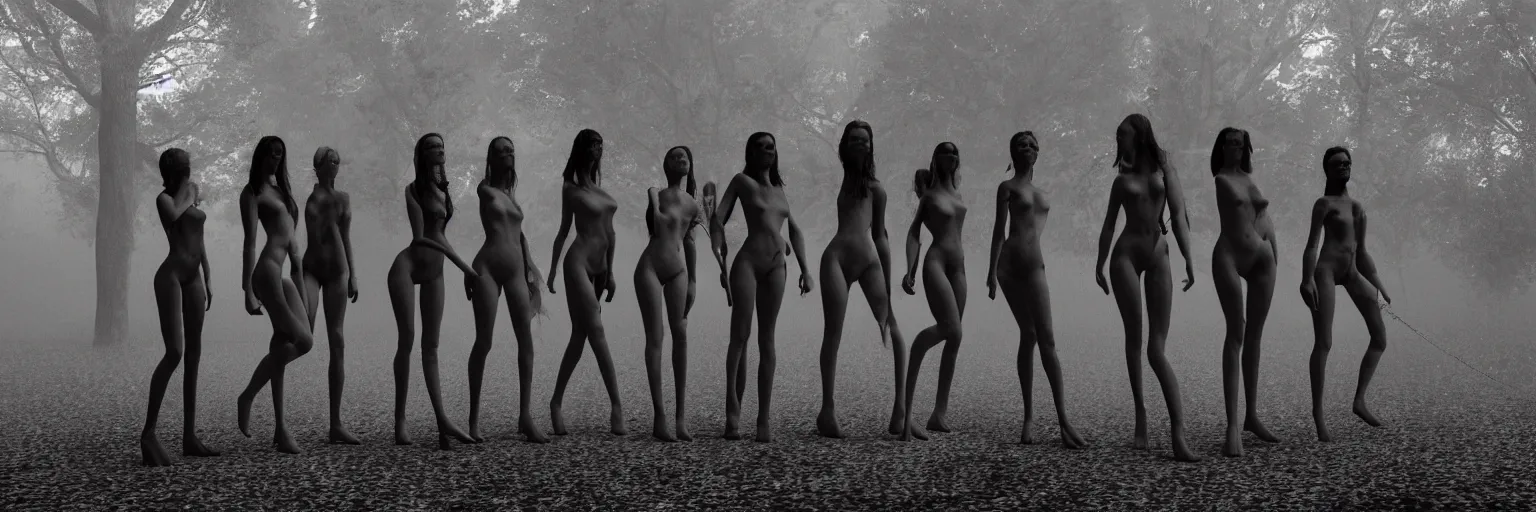 Prompt: epic fantasy render of a five skinny women body, no clothes, long dark hairs, woods, black fog, black and white, highly detailed, cinematic, hyperrealism, dynamic lighting, octane render