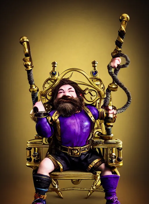 Image similar to dwarf fighter sitting in mechanical chair that has spider legs, gold and purple, exquisite details, black beard, white background, by studio muti