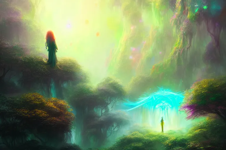 Image similar to a psychedelic realm hidden away in a pocket of ethereal understanding | astral beings sharing love | in the style of greg rutkowski | and wlop | and lisa frank | and bob ross | and ruan jia | illustration | epic | fantasy | hyper detailed | smooth | unreal engine | sharp focus | ray tracing