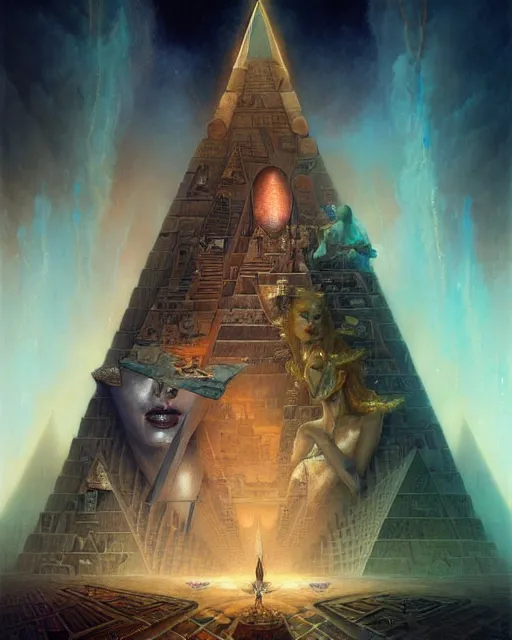 Image similar to inside a large pyramid made of pyramids and eyes fantasy character portrait, ultra realistic, wide angle, intricate details, blade runner artifacts, highly detailed by peter mohrbacher, boris vallejo, hajime sorayama aaron horkey, gaston bussiere, craig mullins