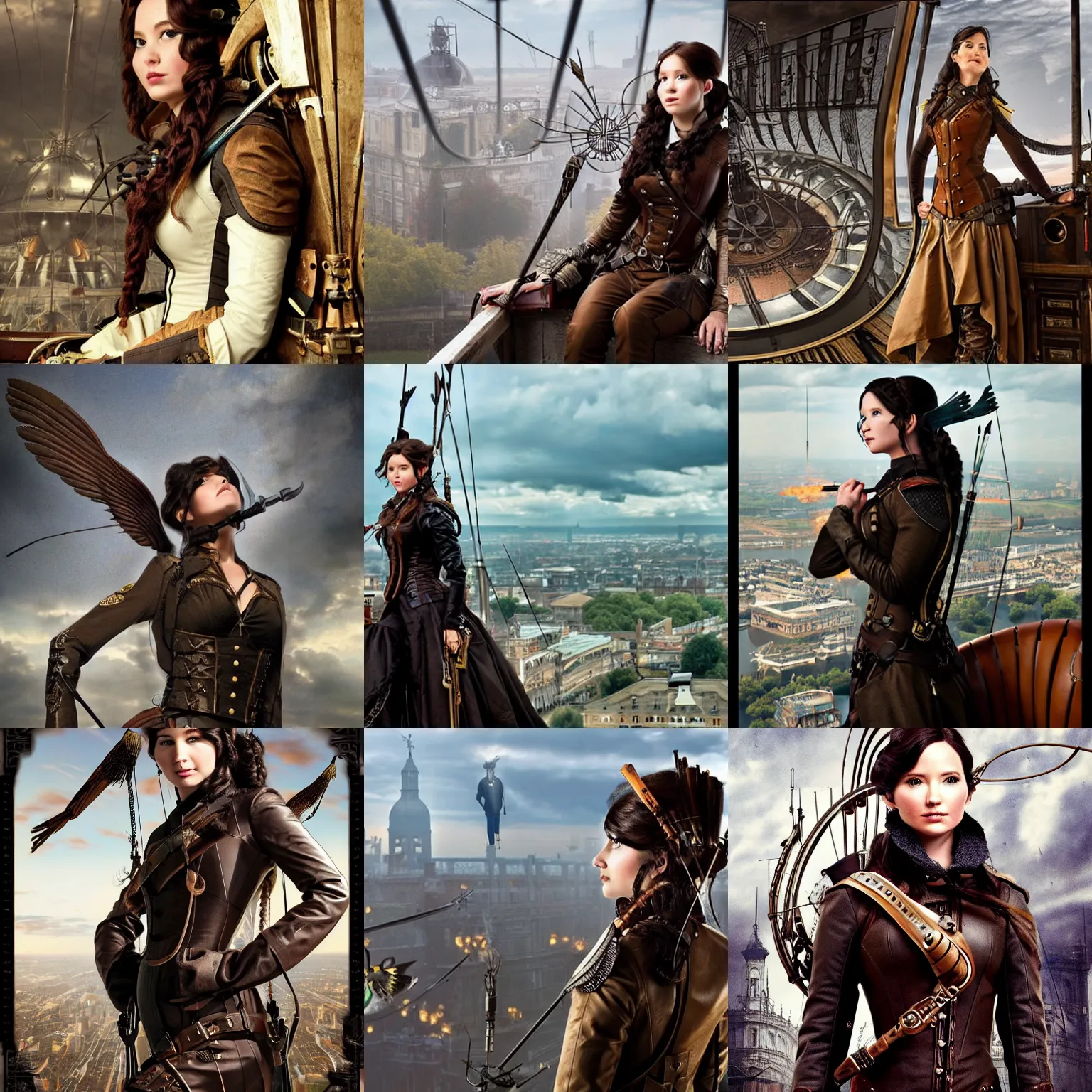 Prompt: Steampunk Katniss Everdeen as an airship captain, looking out over Victorian London