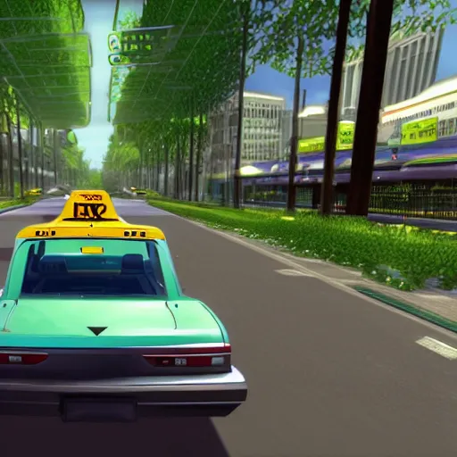 Image similar to ps 2 game about a frog driving a taxi, unreal 4 screenshot,