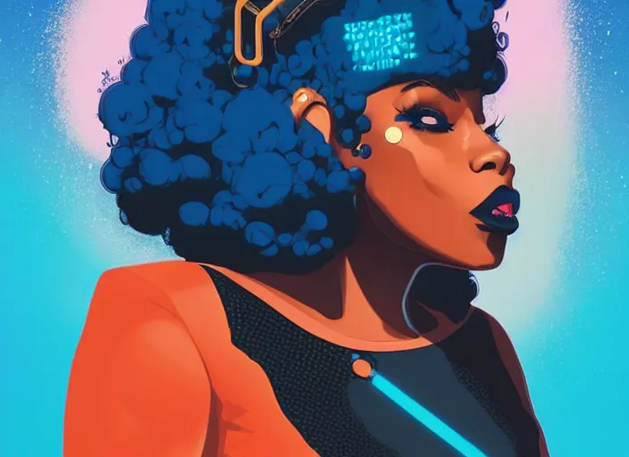 Image similar to a black woman with blue hair wearing a futuristic outfit by kilian eng, trending on behance, afrofuturism, futuristic, airbrush art, future tech