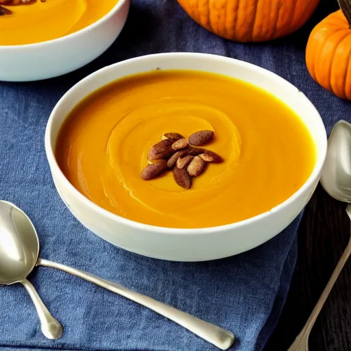 Prompt: Pumpkin soup. Award winning home style recipe. Cookbook photo