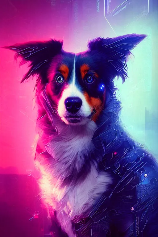 Prompt: a beautiful portrait of a cute cyberpunk red tri australian shepard by greg rutkowski and wlop and sandra chevrier, purple blue color scheme, high key lighting, volumetric light, digital art, highly detailed, fine detail, intricate, ornate, complex, octane render, unreal engine, photorealistic