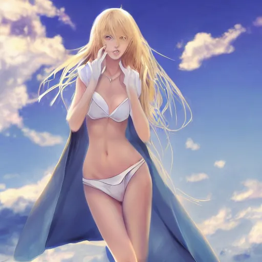 Image similar to tiny father a tall daughter picture : a very beautiful young blond anime girl, sky blue eyes, bikini, white miniskirt, highly detailed, cinematic wallpaper by stanley artgerm lau